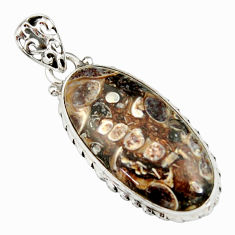 14.23cts natural brown turritella fossil snail agate 925 silver pendant r20150