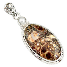 Clearance Sale- 17.57cts natural brown turritella fossil snail agate 925 silver pendant r20152