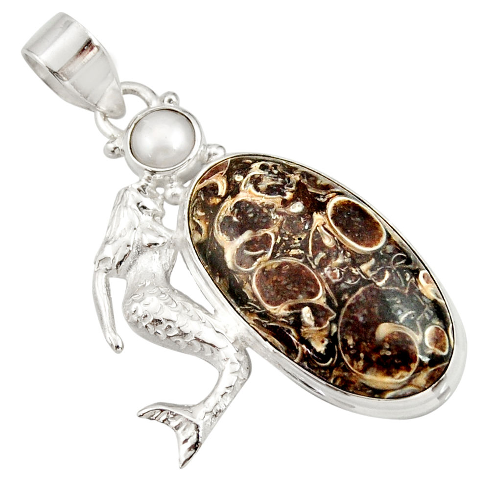19.00cts natural brown turritella fossil snail agate 925 silver pendant r27389