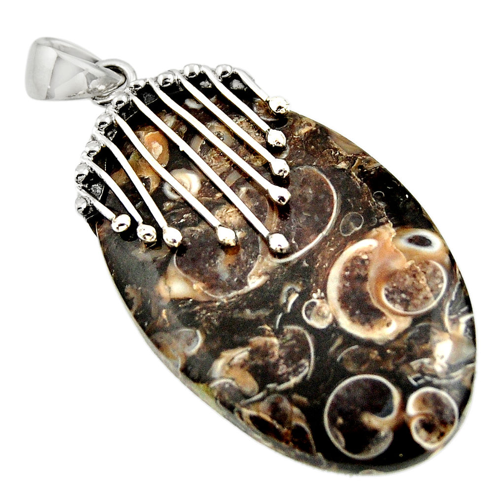 33.47cts natural brown turritella fossil snail agate 925 silver pendant r44353