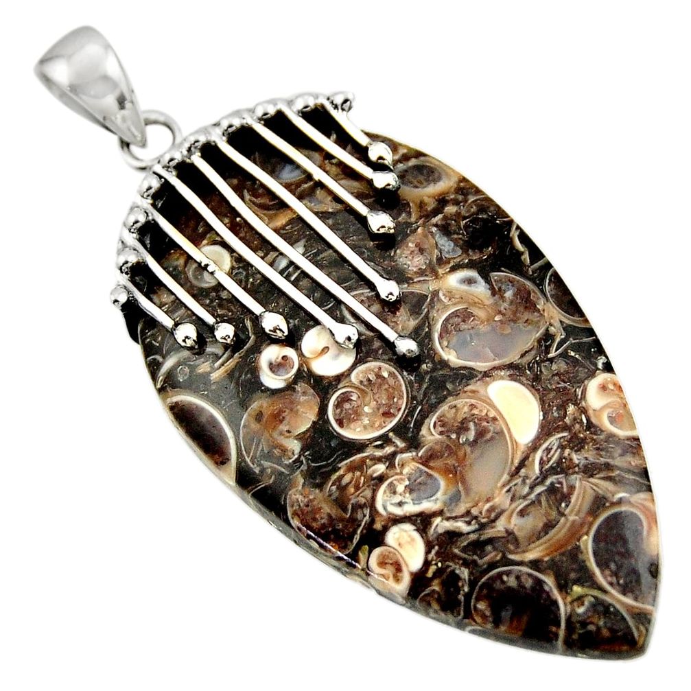 43.02cts natural brown turritella fossil snail agate 925 silver pendant r44357