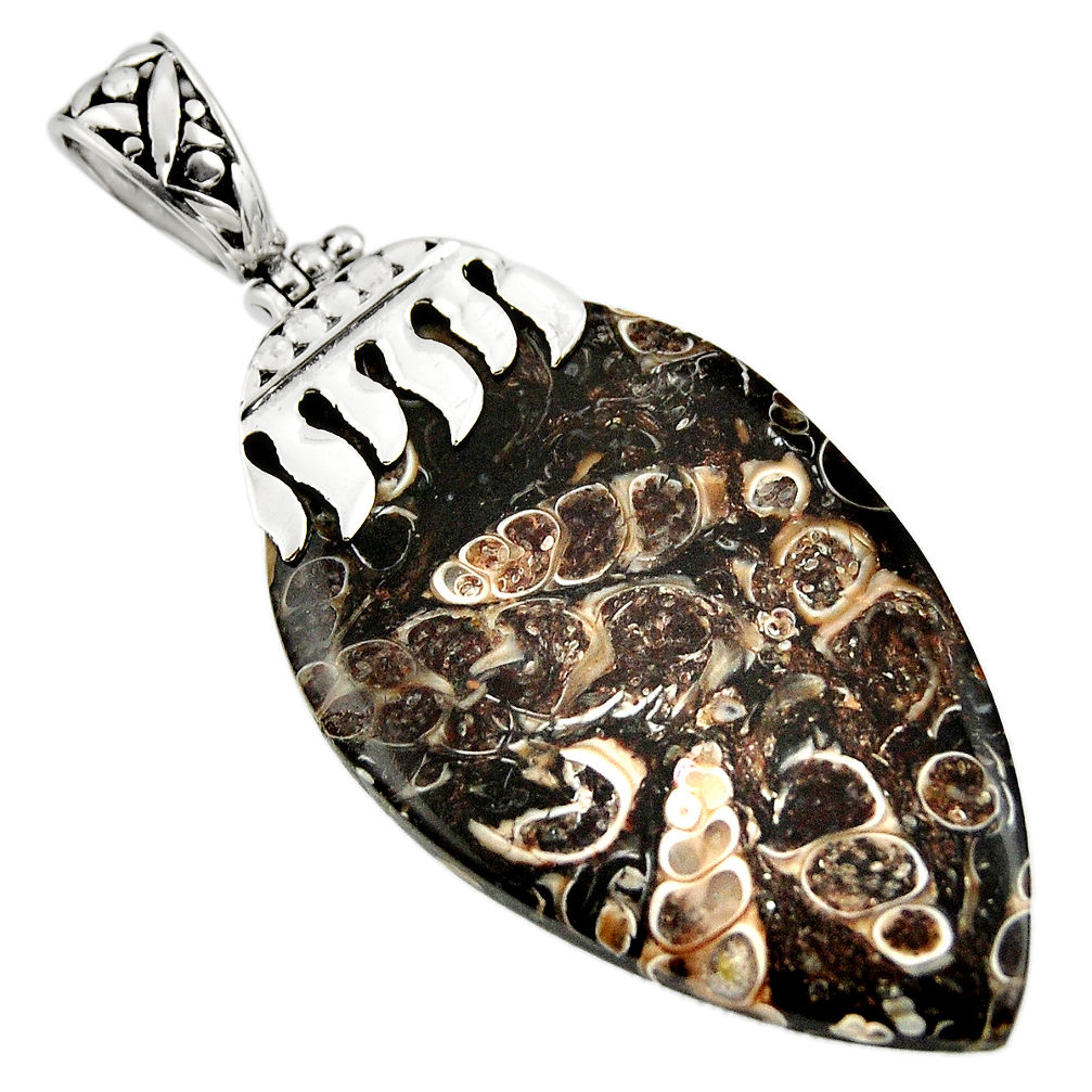 36.06cts natural brown turritella fossil snail agate 925 silver pendant r44359