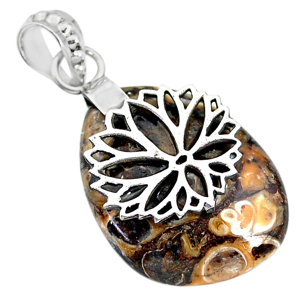 20.54cts natural brown turritella fossil snail agate 925 silver pendant r91264