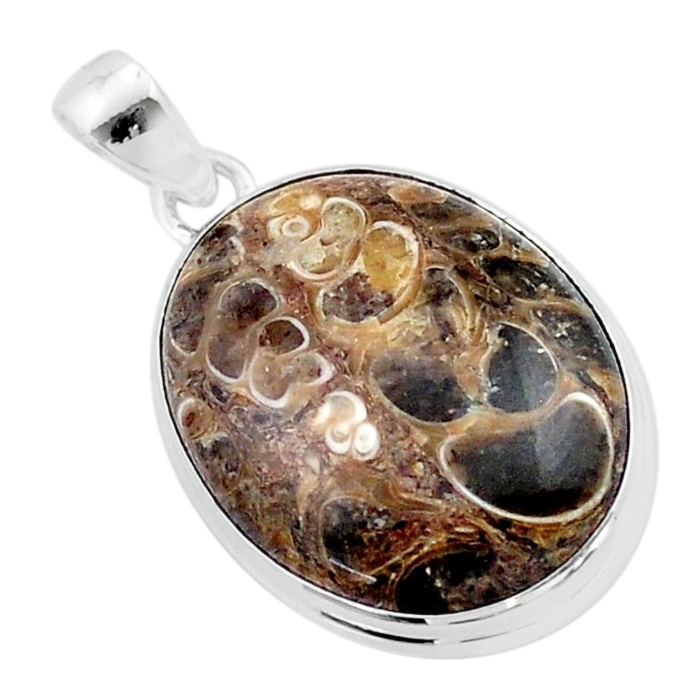 16.87cts natural brown turritella fossil snail agate 925 silver pendant u40295