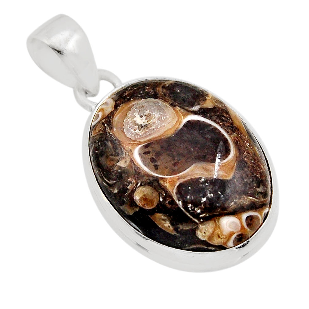 12.60cts natural brown turritella fossil snail agate 925 silver pendant y92350