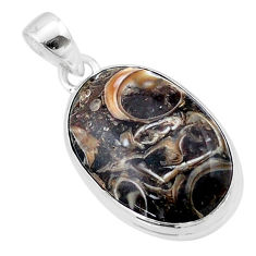 12.07cts natural brown turritella fossil snail agate oval silver pendant u40294