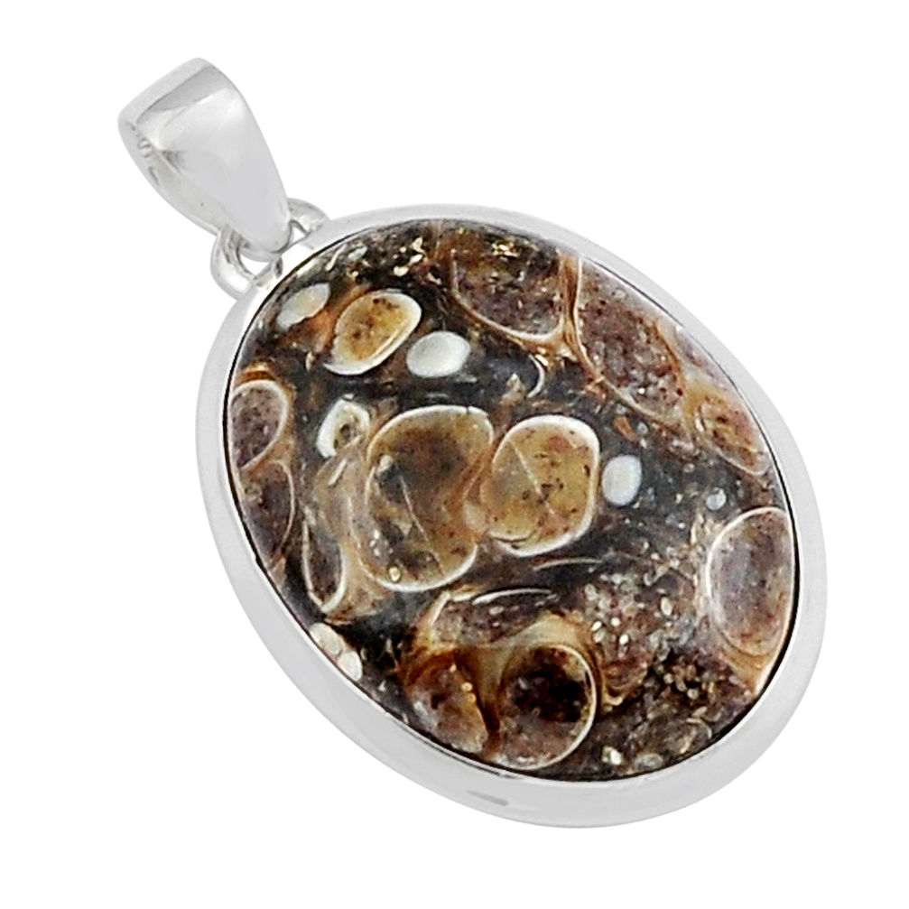 20.98cts natural brown turritella fossil snail agate oval silver pendant y23630