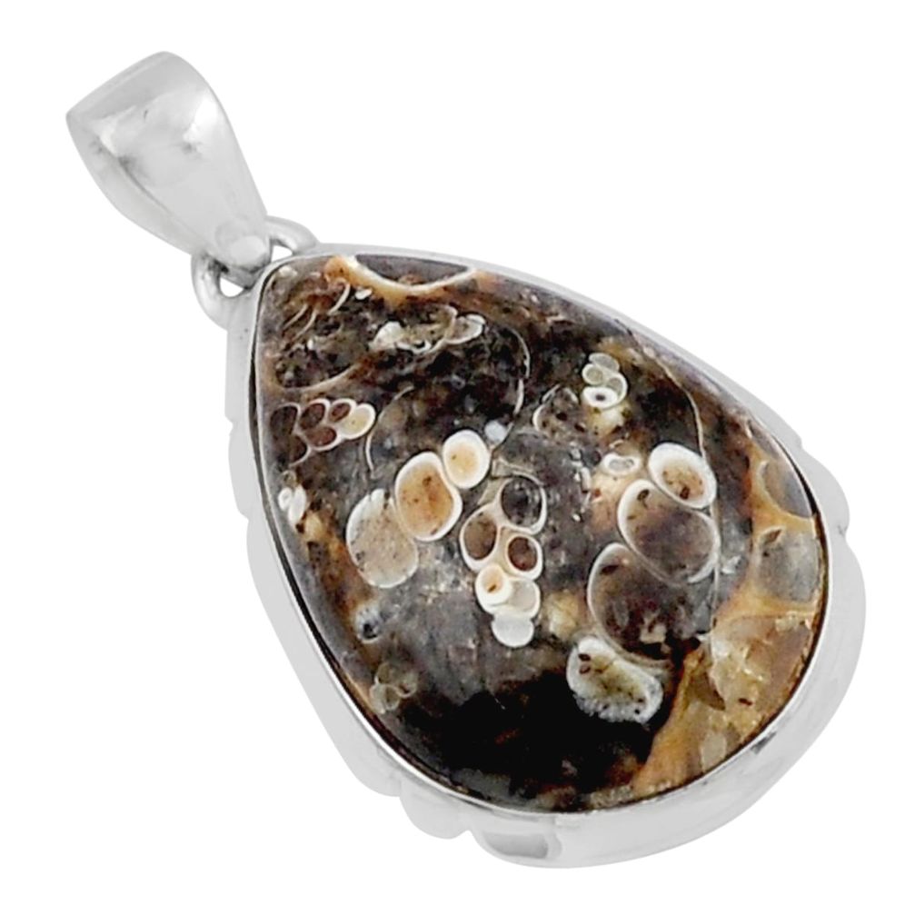 18.15cts natural brown turritella fossil snail agate pear silver pendant y23307