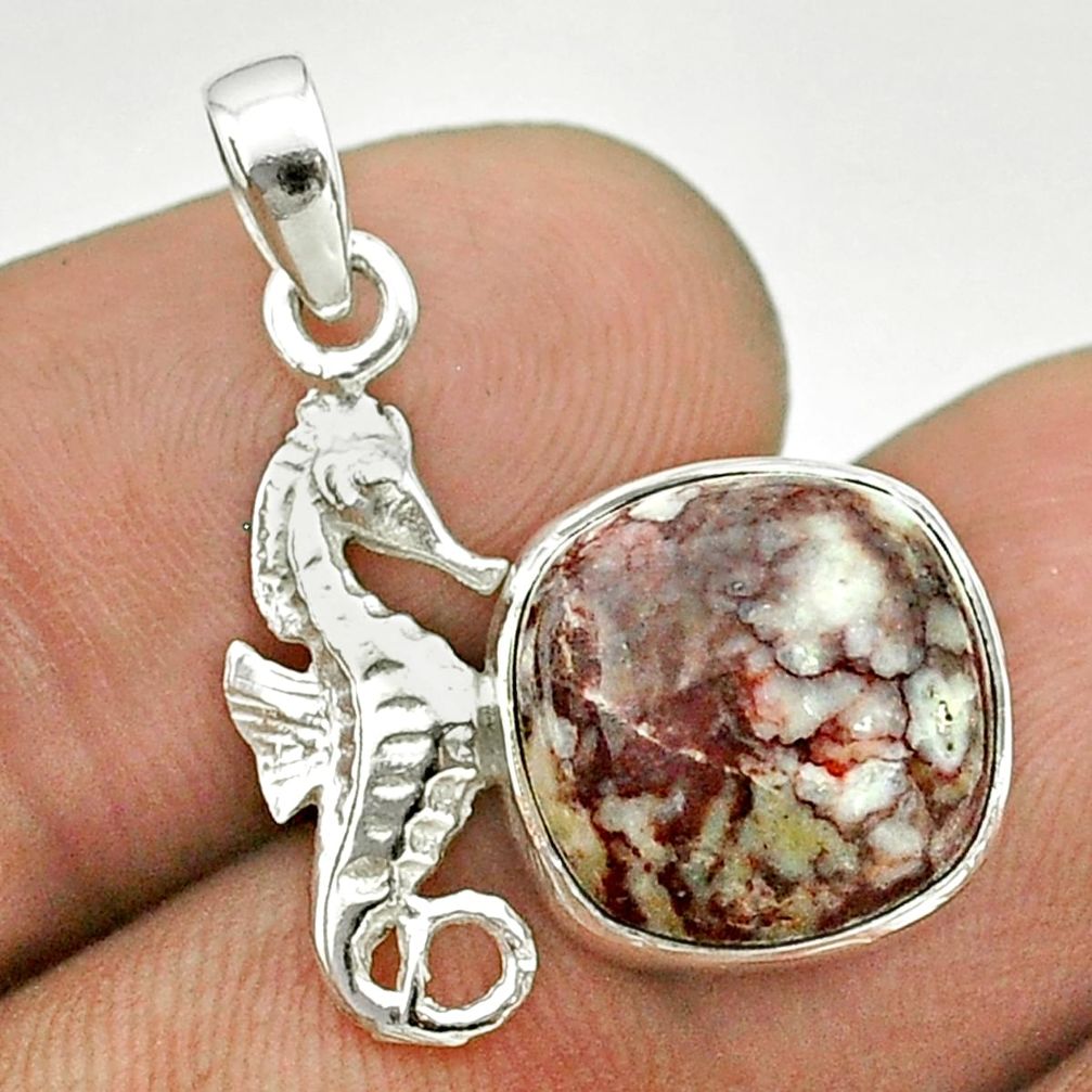 6.26cts natural brown wild horse magnesite 925 silver seahorse pendant t55319