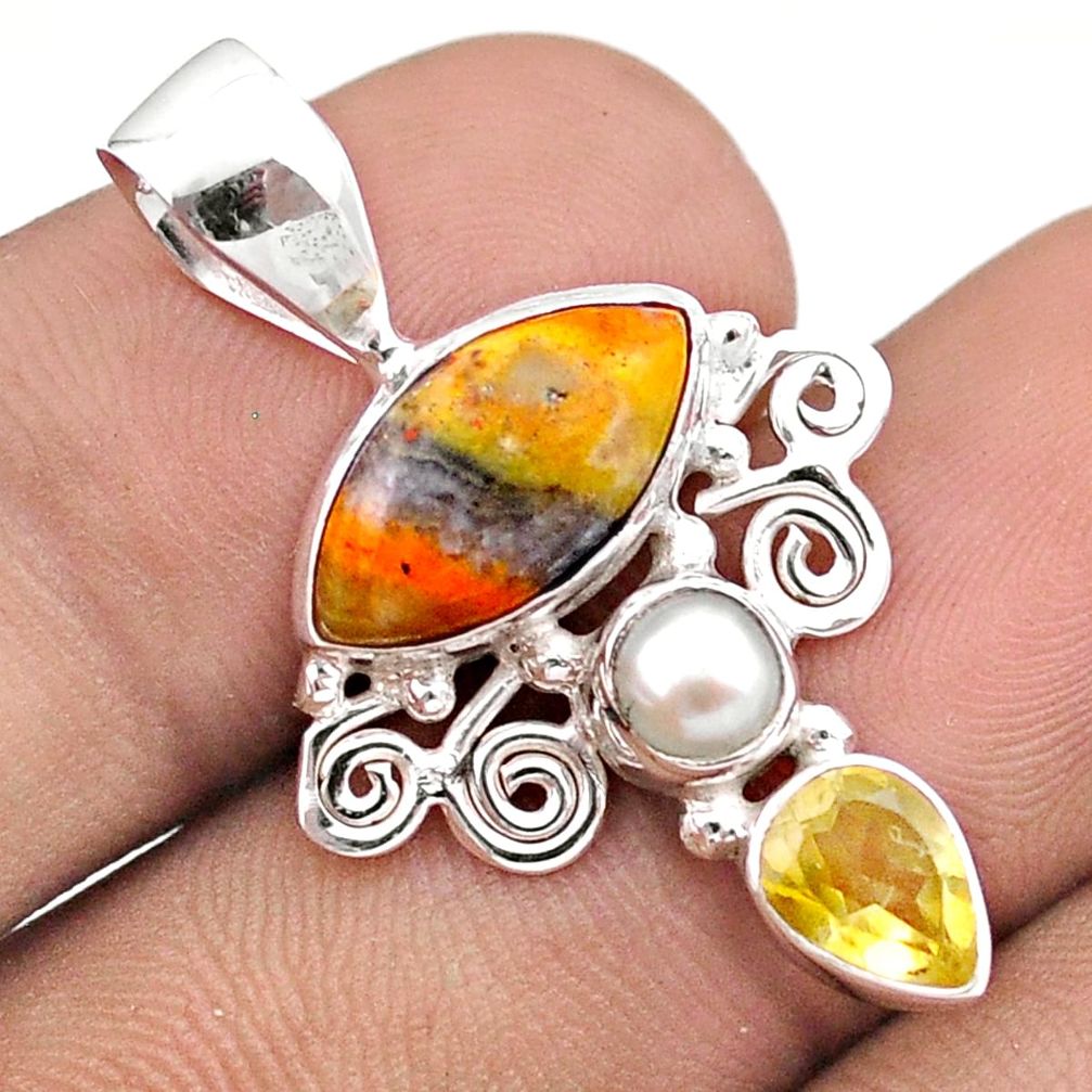 7.30cts natural bumble bee australian jasper citrine pearl silver pendant u17266