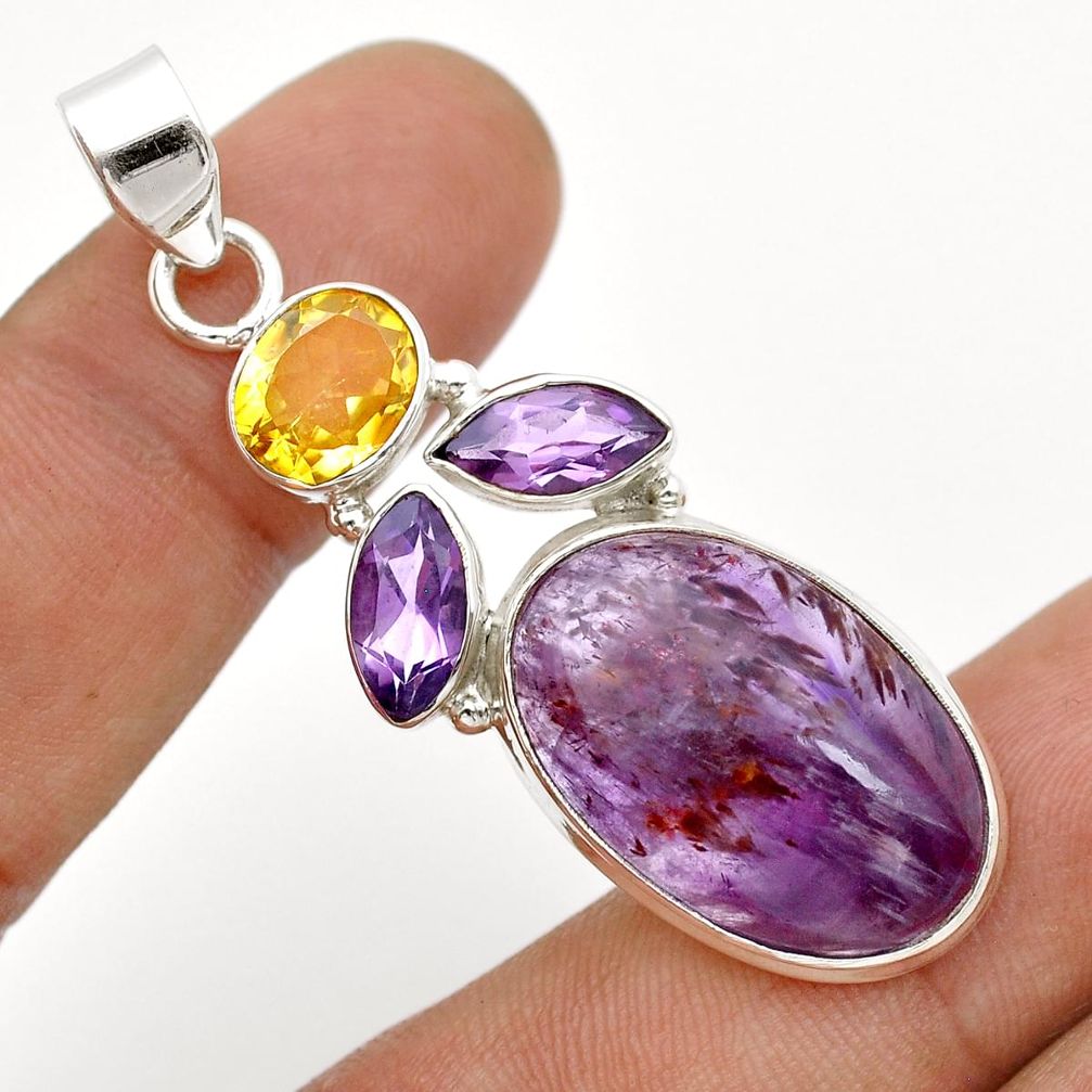 19.34cts natural cacoxenite super seven amethyst citrine silver pendant u75107