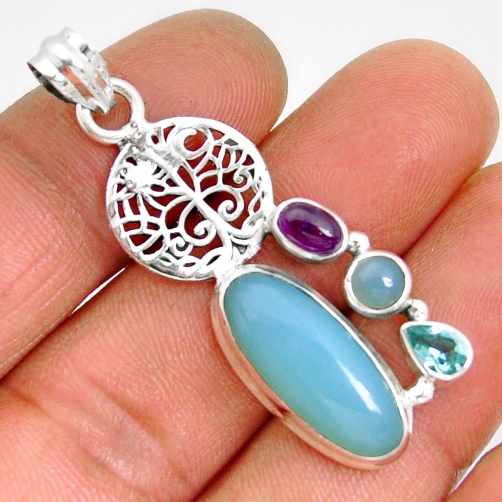 10.64cts natural chalcedony amethyst topaz 925 silver tree of life pendant y2741