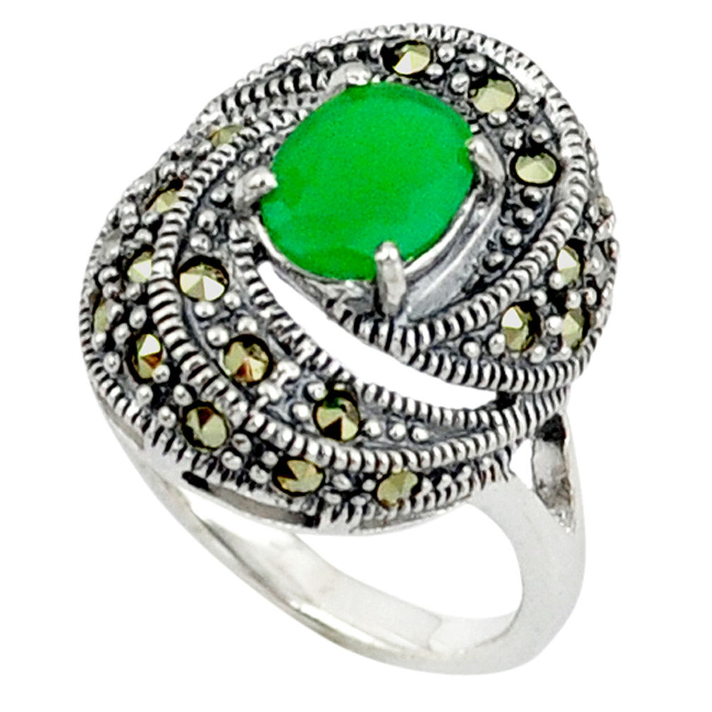 Natural green chalcedony marcasite 925 sterling silver ring size 6.5 c17284