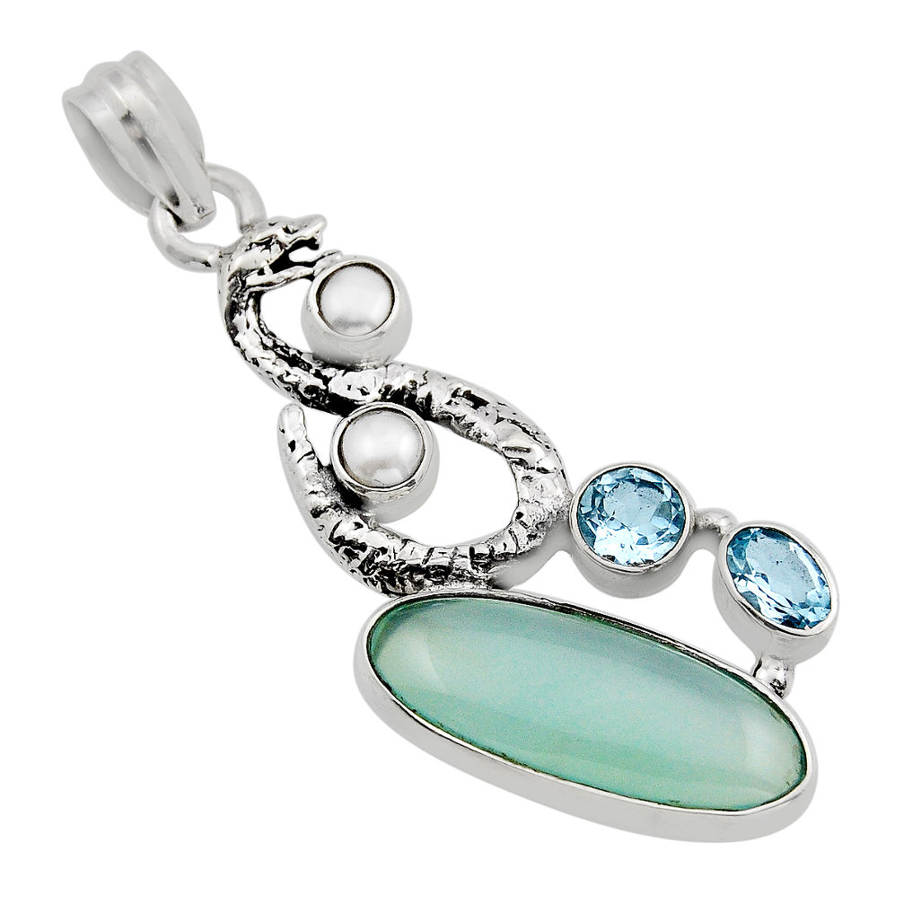 10.89cts natural chalcedony topaz pearl 925 silver anaconda snake pendant y95331