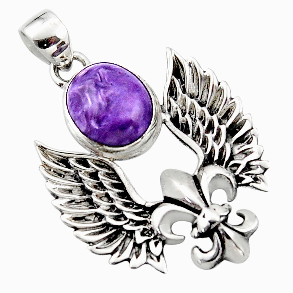 5.50cts natural charoite (siberian) 925 silver feather charm pendant r52894