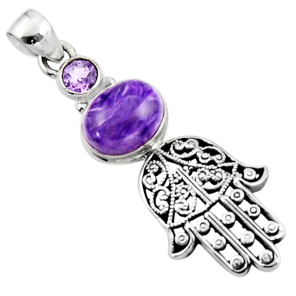 5.61cts natural charoite (siberian) 925 silver hand of god hamsa pendant r52782