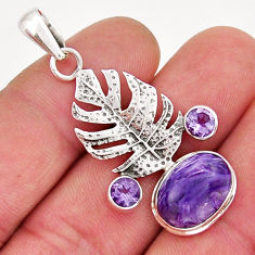 8.02cts natural charoite (siberian) amethyst silver deltoid leaf pendant y21453