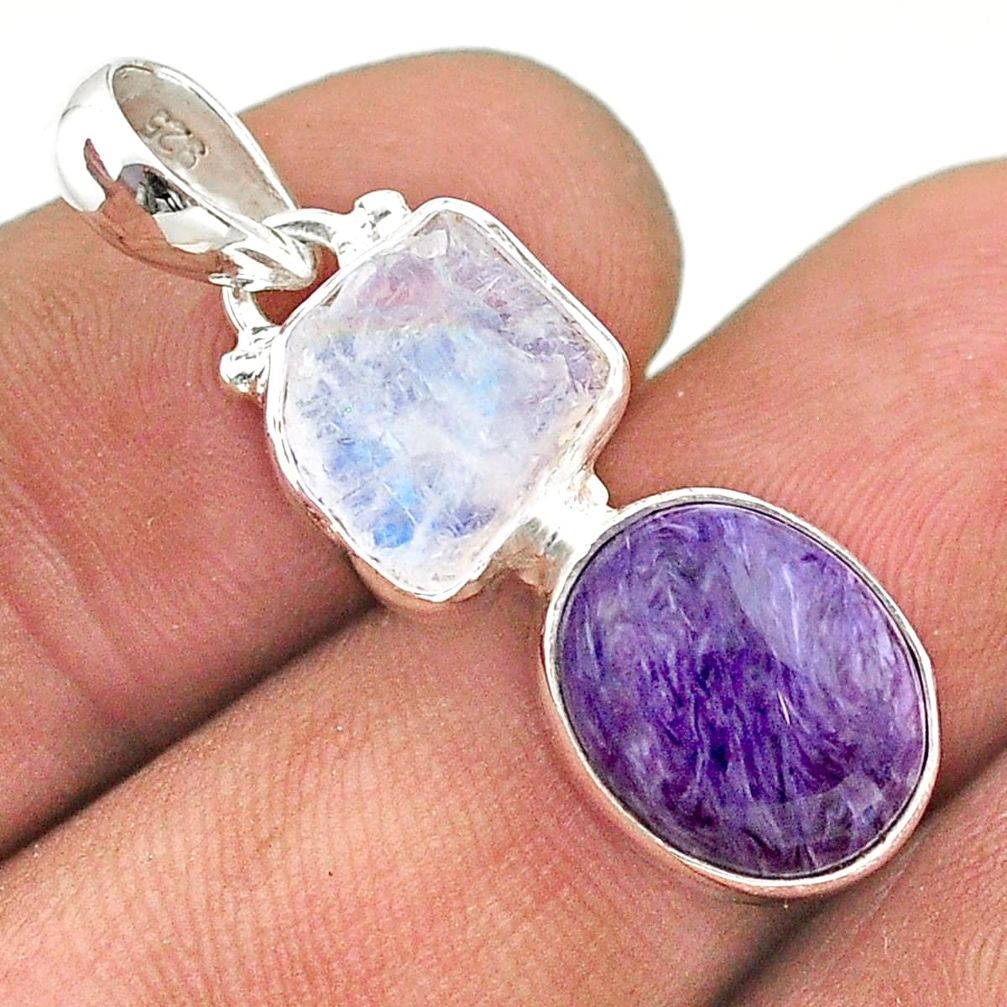 9.37cts natural charoite (siberian) moonstone slice rough silver pendant t69856