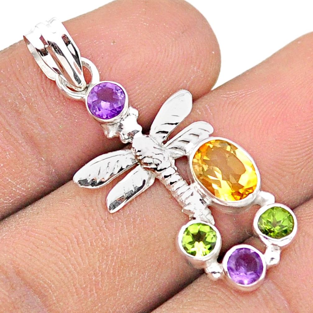 3.83cts natural citrine amethyst peridot 925 silver dragonfly pendant u14718