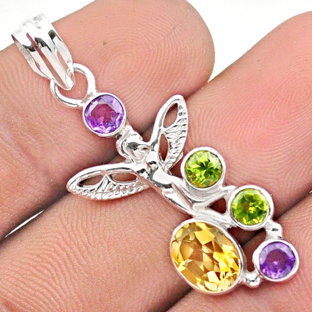 4.26cts natural citrine amethyst peridot silver angel wings fairy pendant u14665