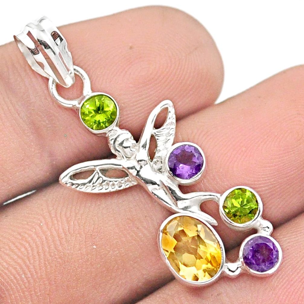 4.05cts natural citrine amethyst peridot silver angel wings fairy pendant u14672