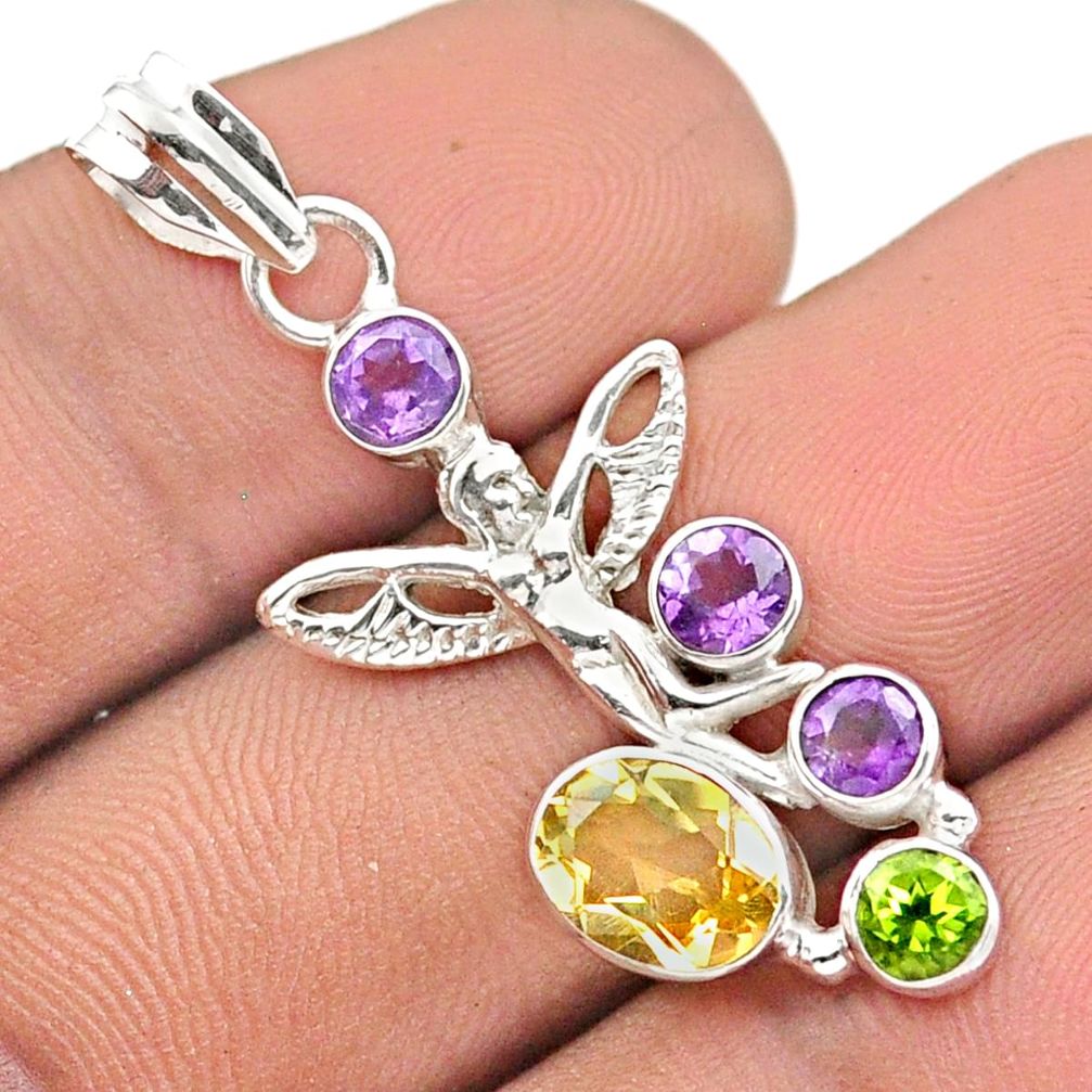 4.43cts natural citrine amethyst peridot silver angel wings fairy pendant u14673