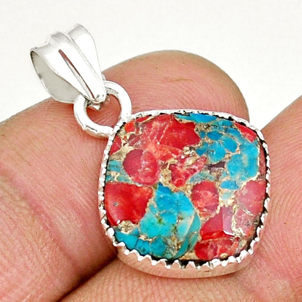 8.35cts natural coral turquoise matrix cushion 925 silver pendant jewelry y9866