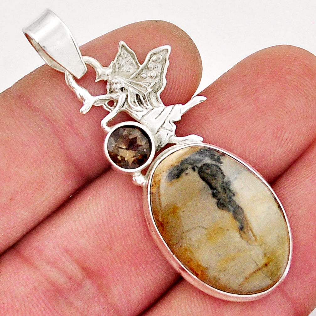 17.20cts natural cotham landscape marble smoky topaz silver angel pendant y21452