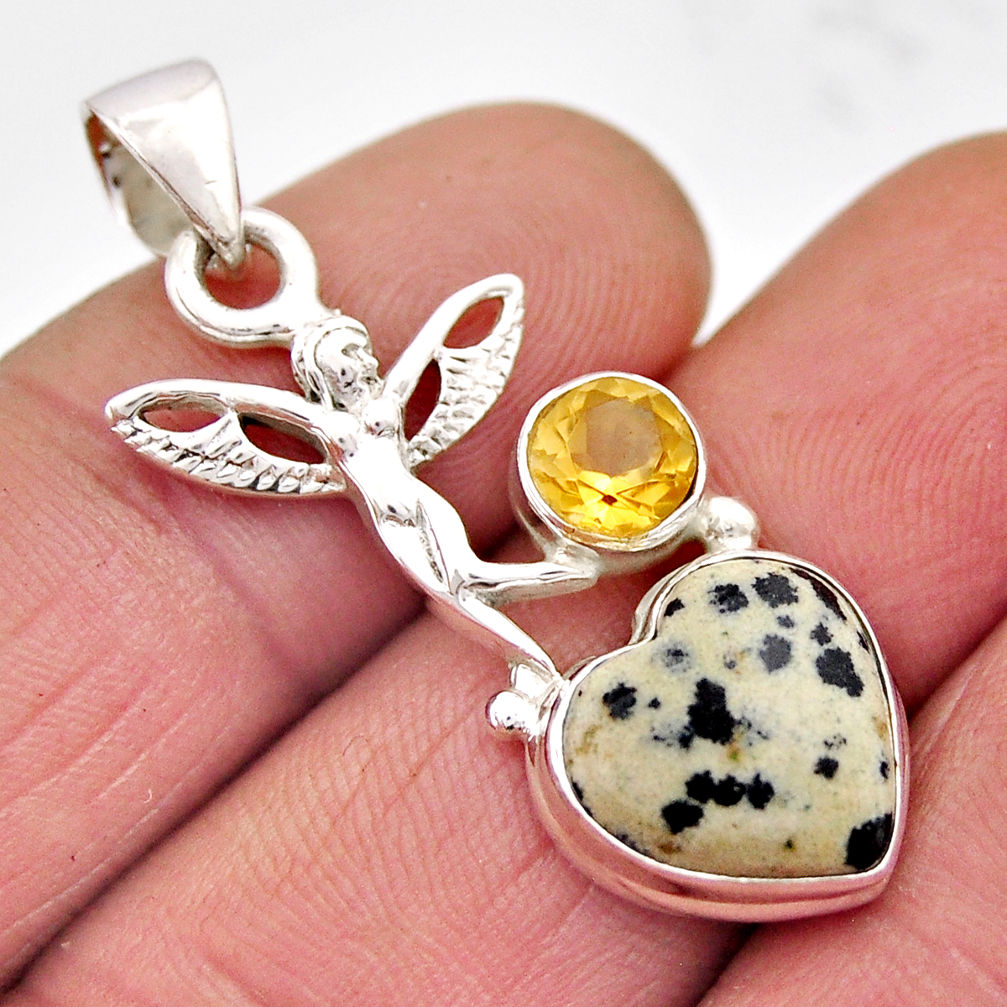 6.88cts natural dalmatian citrine 925 silver angel wings fairy pendant y59235