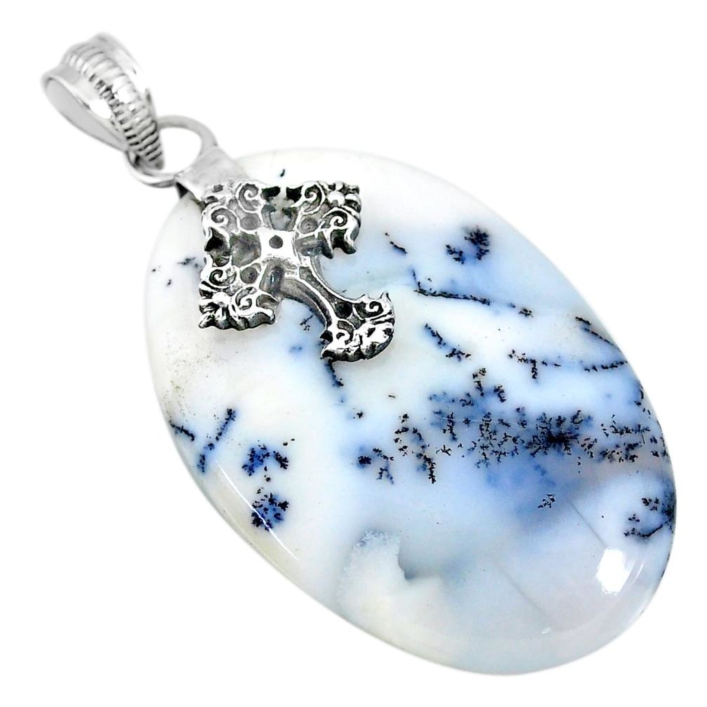 28.99cts natural dendrite opal (merlinite) 925 silver holy cross pendant r90949