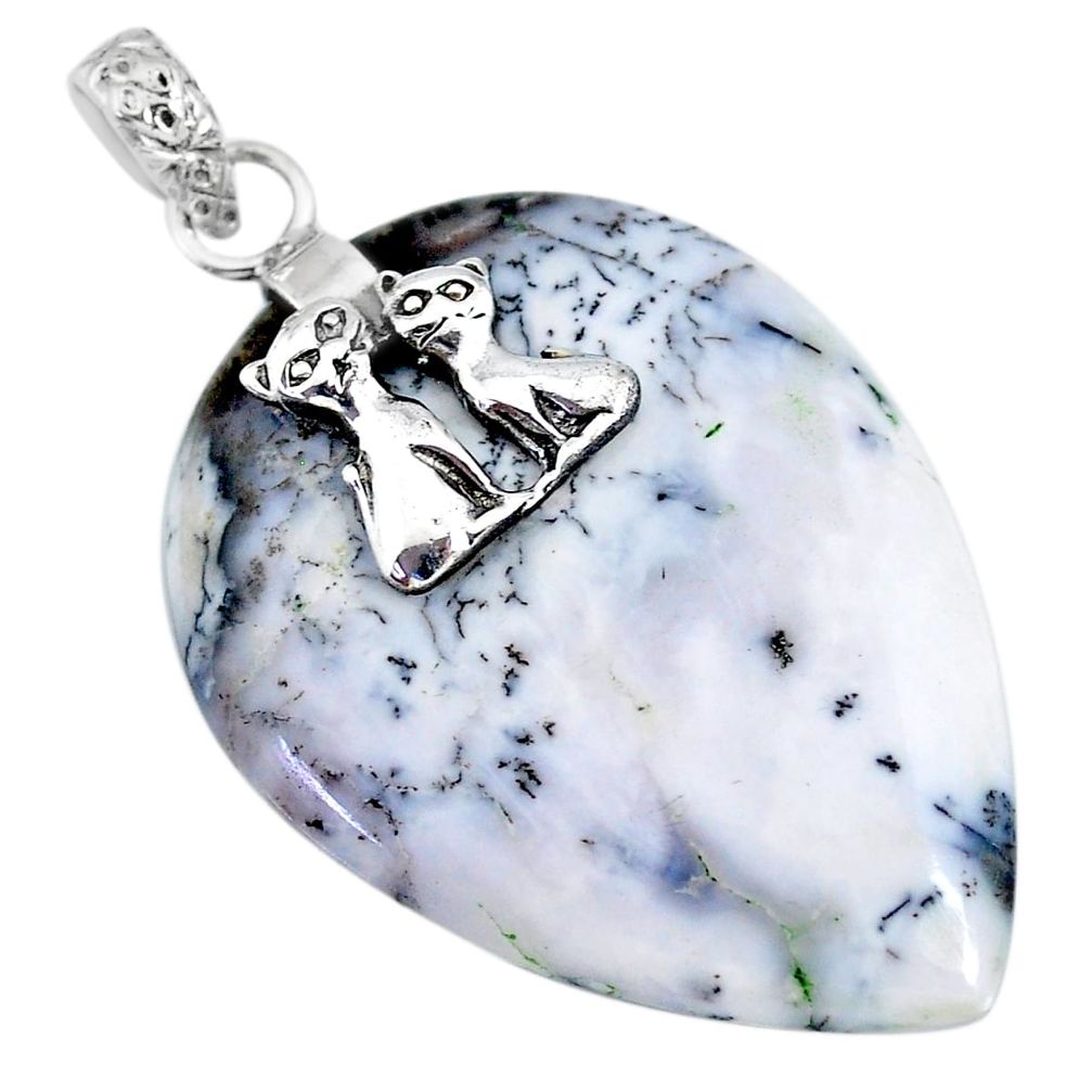 30.82cts natural dendrite opal (merlinite) 925 silver two cats pendant r90945