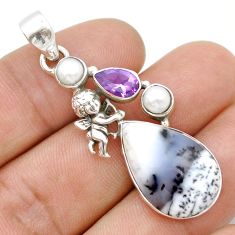 15.85cts natural dendrite opal pearl amethyst 925 silver angel pendant u75007
