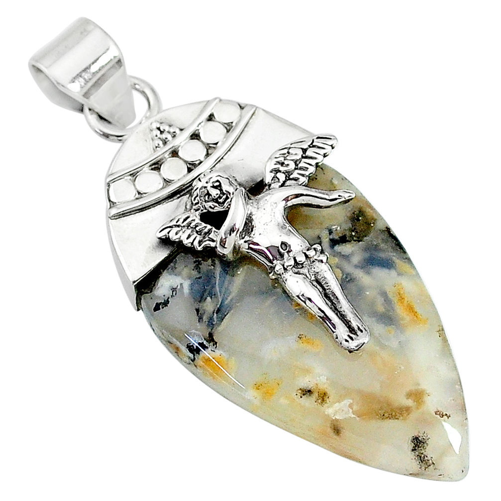 20.07cts natural dendritic quartz 925 silver angel wings fairy pendant t10688
