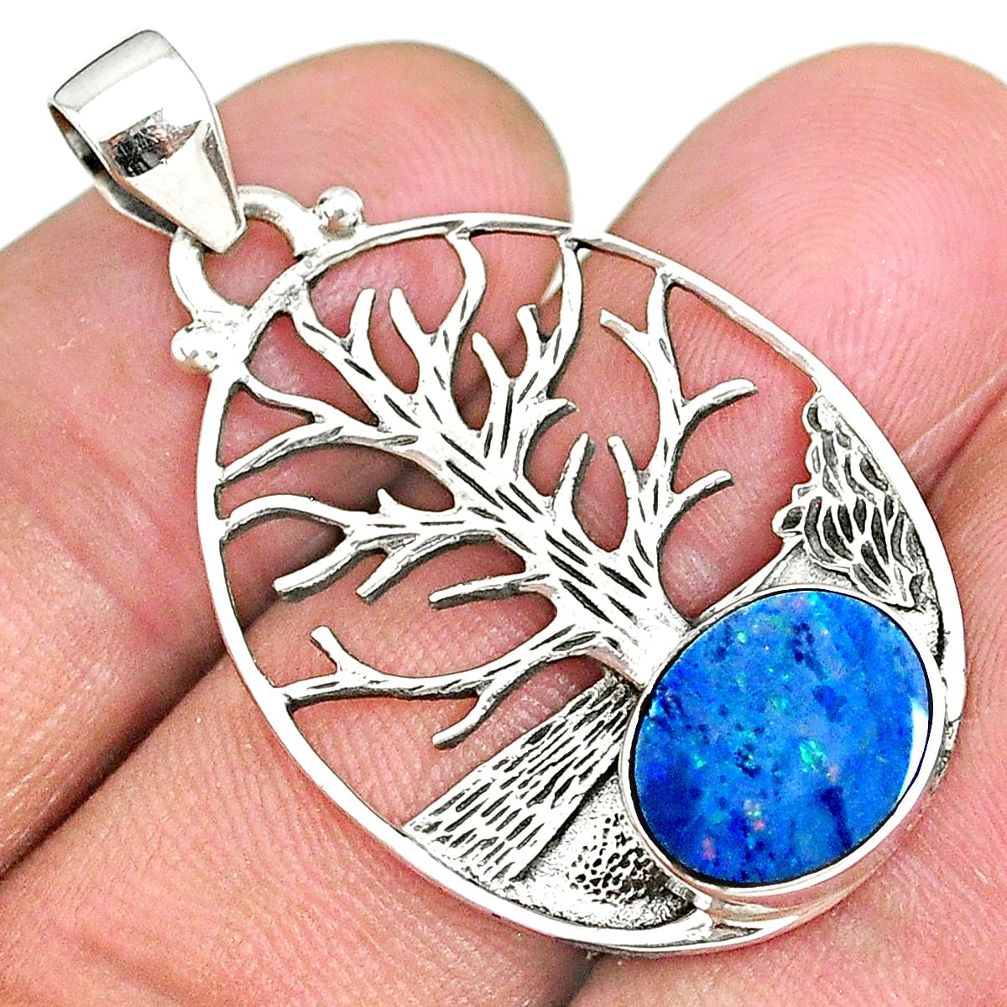 3.79cts natural doublet opal australian 925 silver tree of life pendant r90433