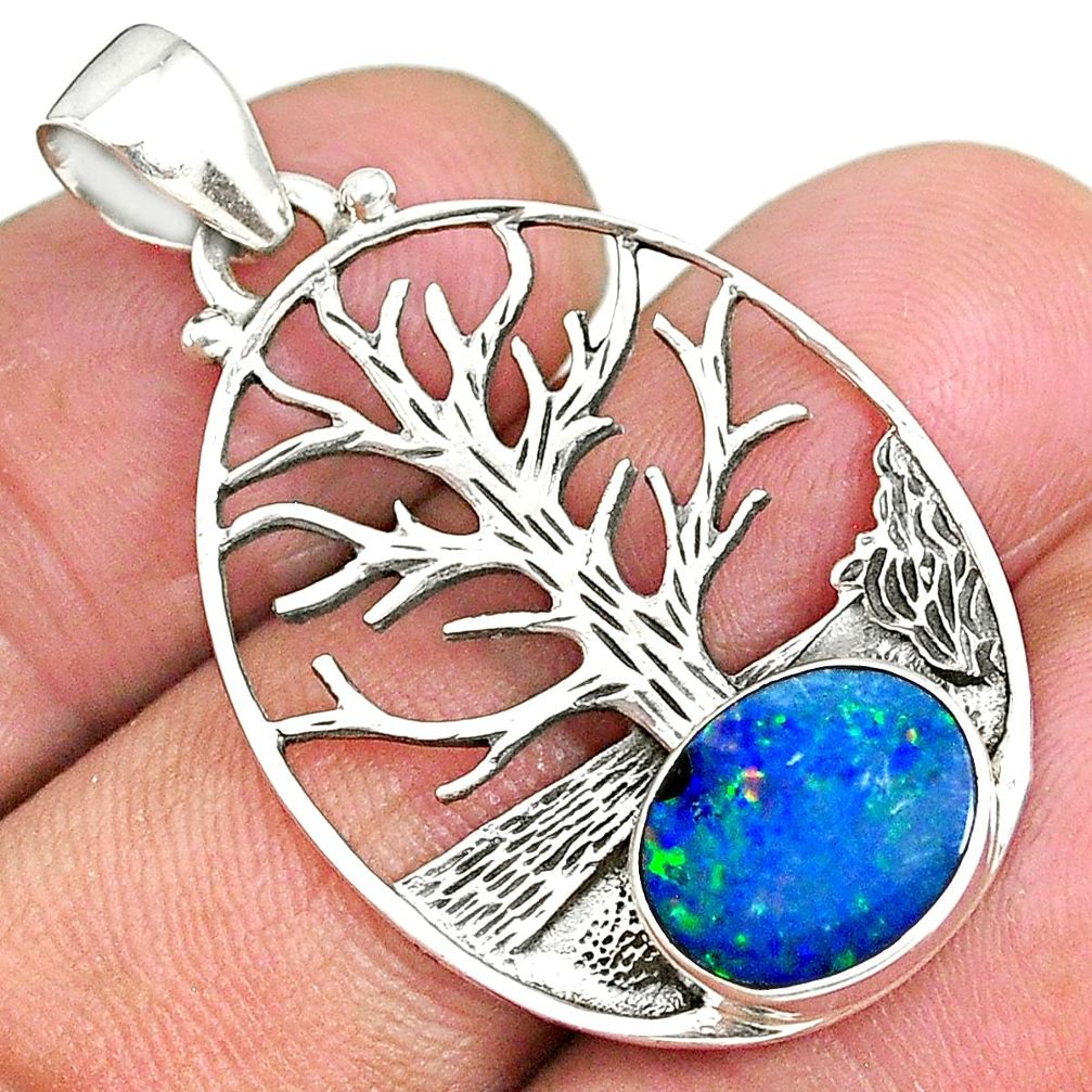 3.68cts natural doublet opal australian 925 silver tree of life pendant r90435