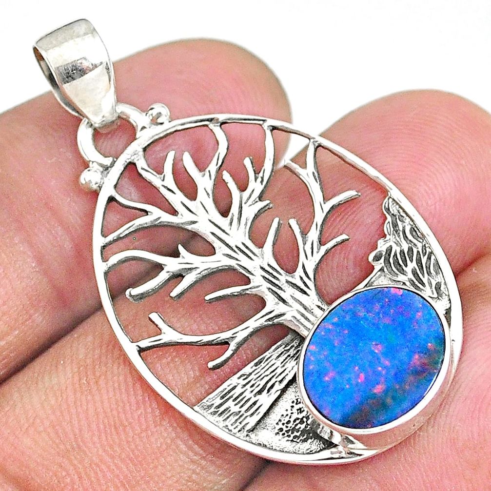 3.85cts natural doublet opal australian 925 silver tree of life pendant r90437