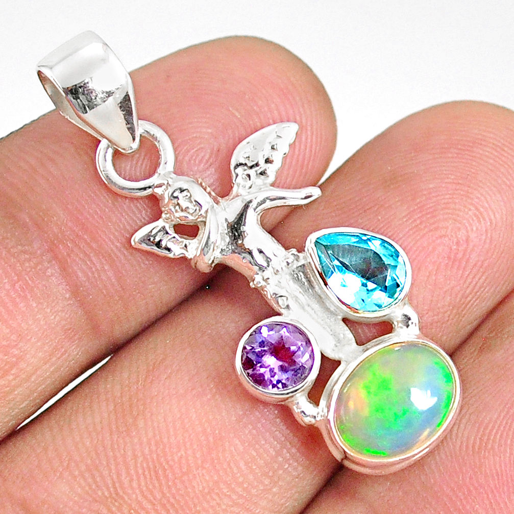 4.82cts natural ethiopian opal 925 silver angel wings fairy pendant r76506