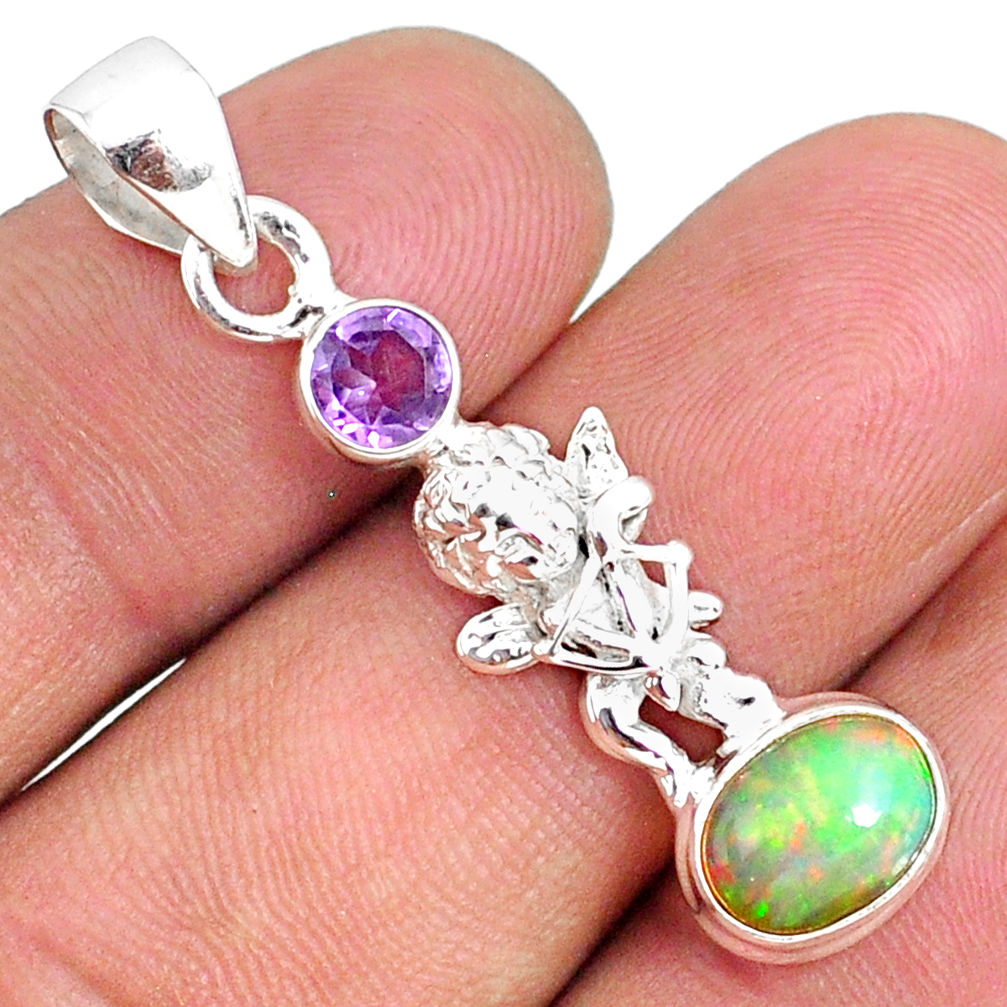 3.97cts natural ethiopian opal oval amethyst 925 silver angel pendant r75468