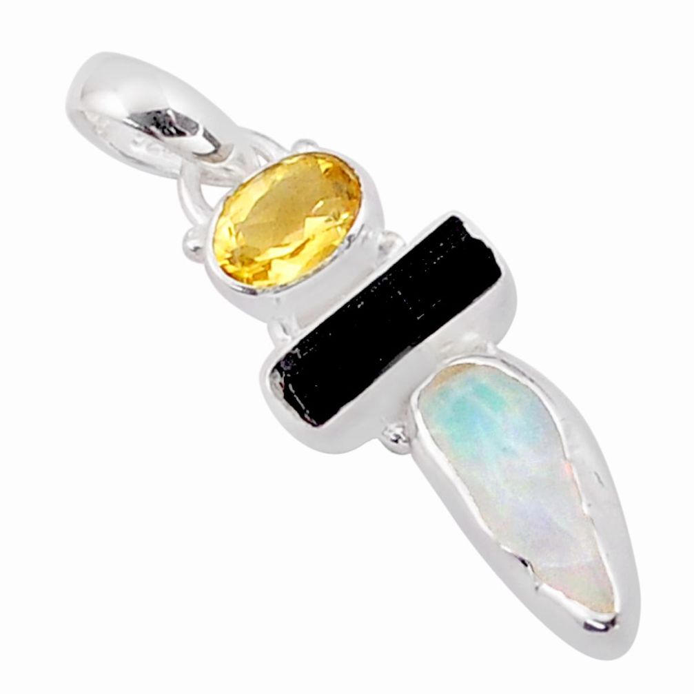 7.17cts natural ethiopian opal tourmaline rough citrine silver pendant t83416