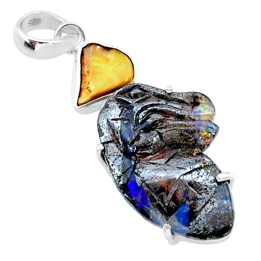 17.91cts natural ethiopian rough boulder opal carving 925 silver pendant t24051