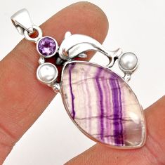 24.62cts natural fluorite amethyst pearl 925 silver dolphin pendant y2842