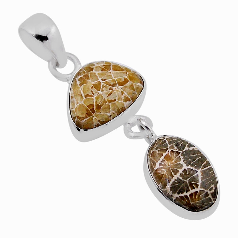 9.18cts natural fossil coral (agatized) petoskey stone 925 silver pendant n38324