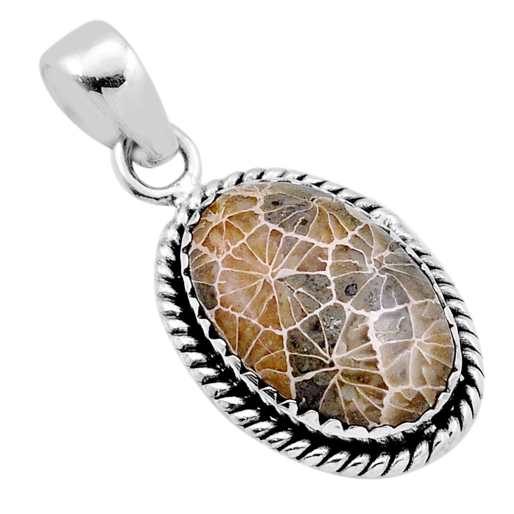 8.28cts natural fossil coral (agatized) petoskey stone 925 silver pendant n43921