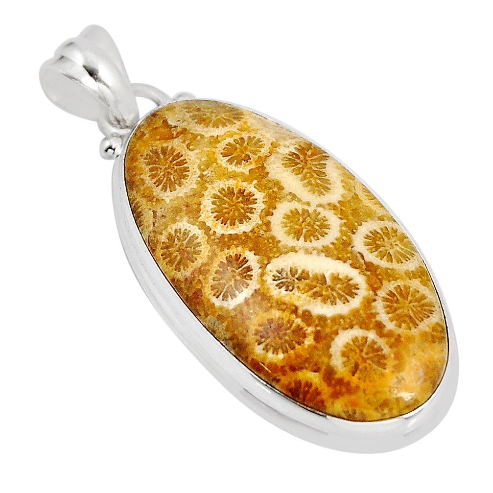 22.59cts natural fossil coral (agatized) petoskey stone silver pendant y55541