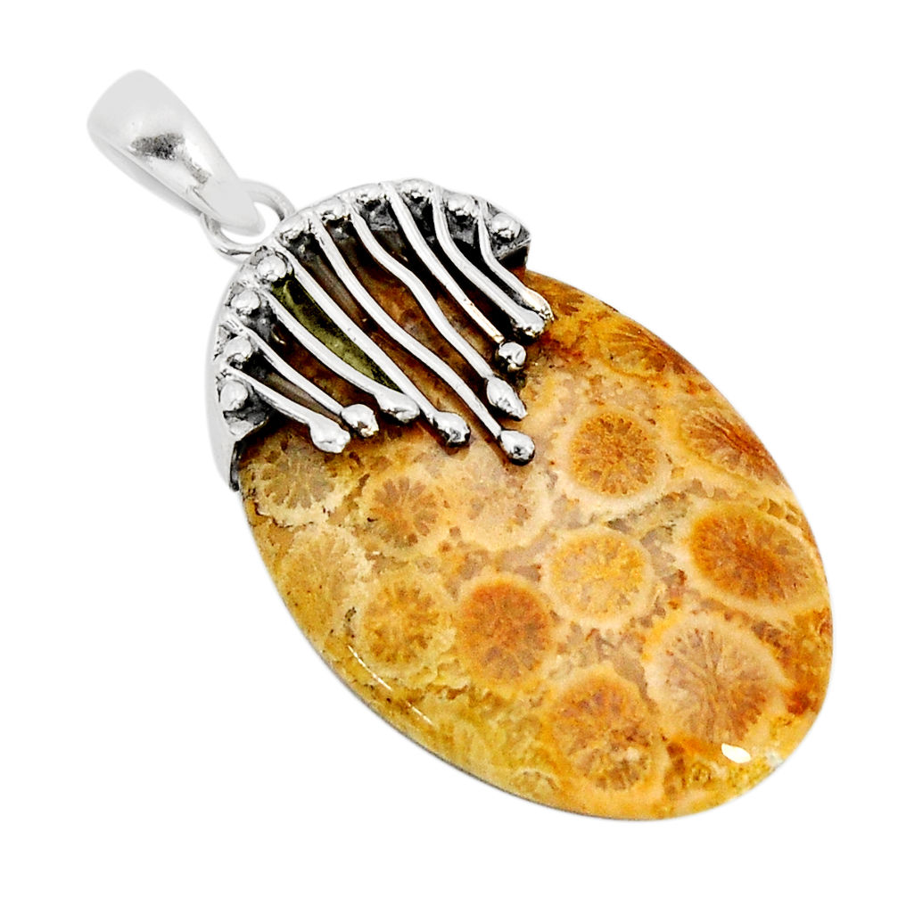 27.14cts natural fossil coral (agatized) petoskey stone silver pendant y73670