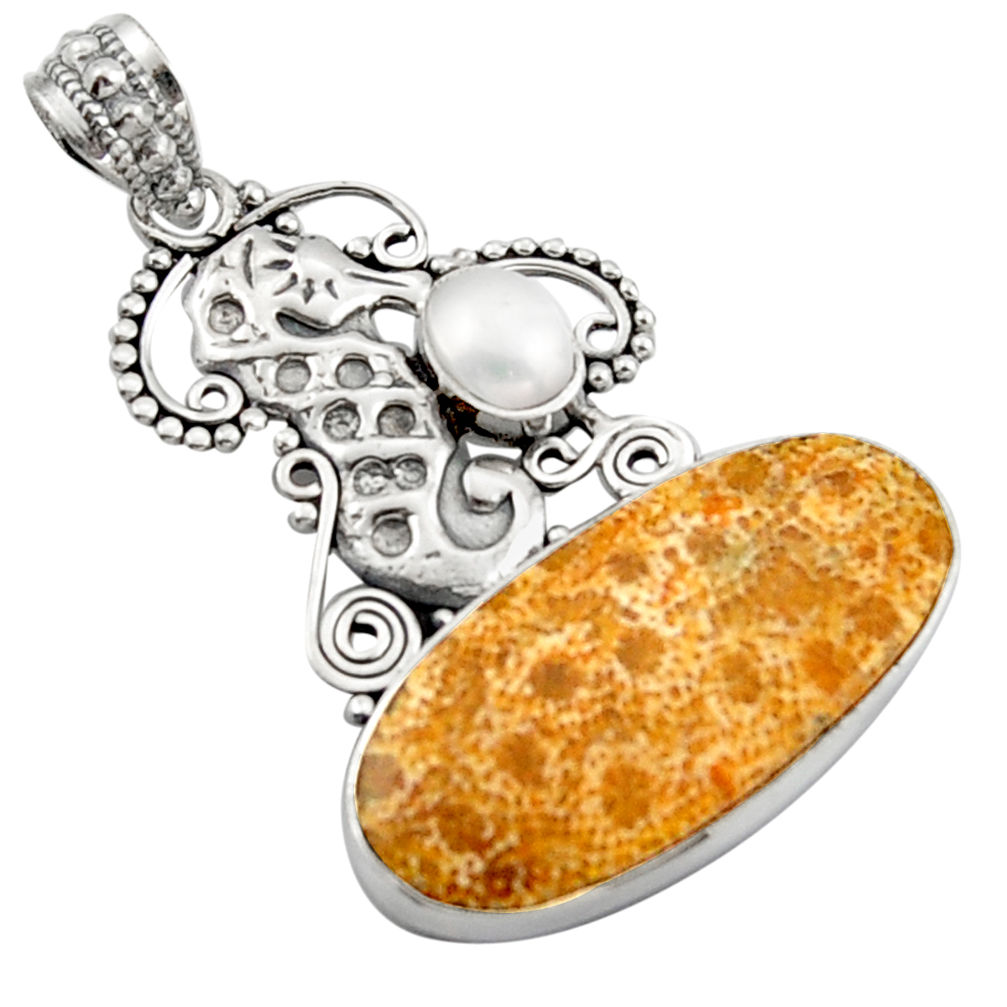 17.18cts natural fossil coral petoskey stone 925 silver seahorse pendant d46621