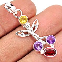 3.77cts natural garnet amethyst citrine silver angel wings fairy pendant u14699