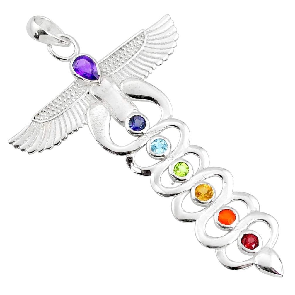 Natural gemstone 925 sterling silver winged caduceus chakra pendant r65432