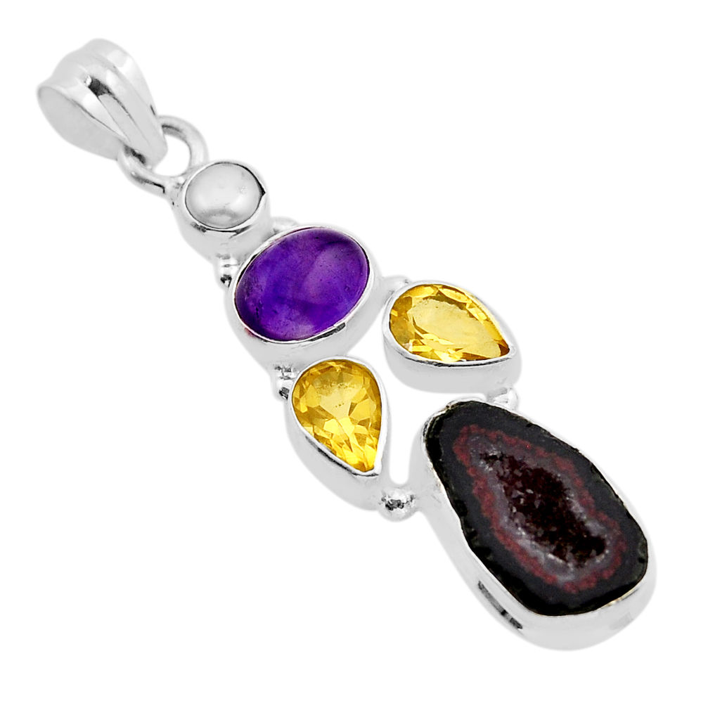 11.23cts natural geode druzy amethyst citrine pearl 925 silver pendant n1844