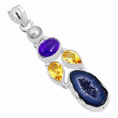 13.07cts natural geode druzy amethyst citrine pearl 925 silver pendant y5459